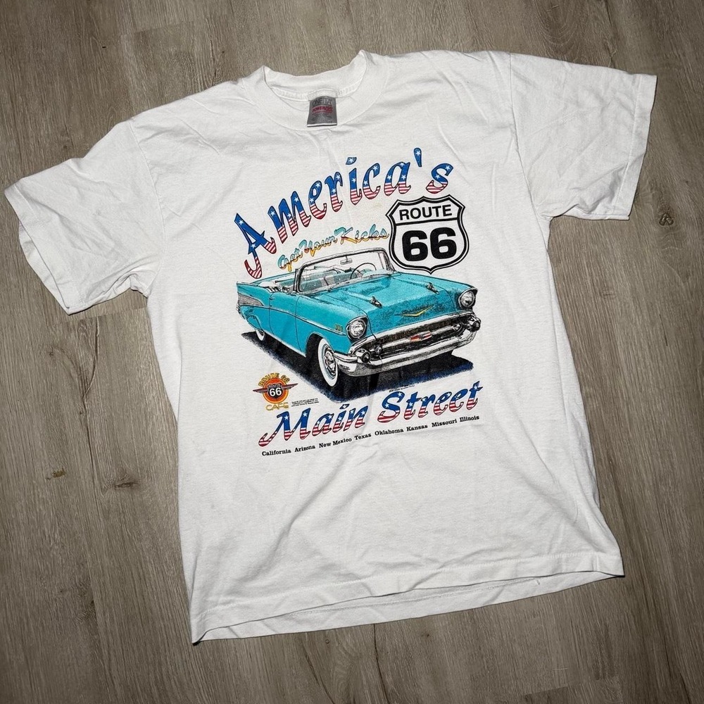 Vintage 90s Route 66 graphic tee with blue car and 'America's Main Street' text